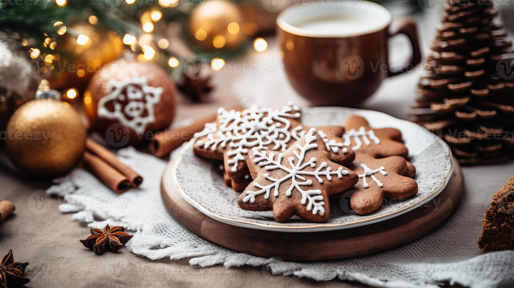 AI generated A winter holiday table with gingerbread cookies and hot cocoa photo