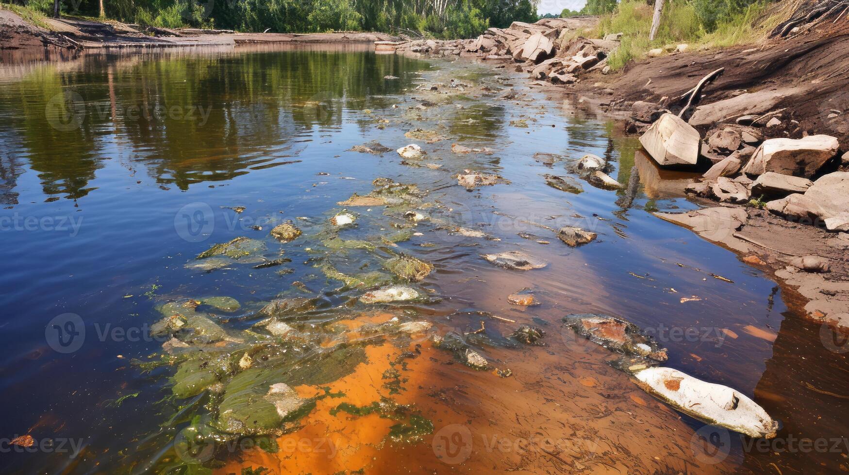 AI generated Chemical pollution affecting aquatic life in river photo