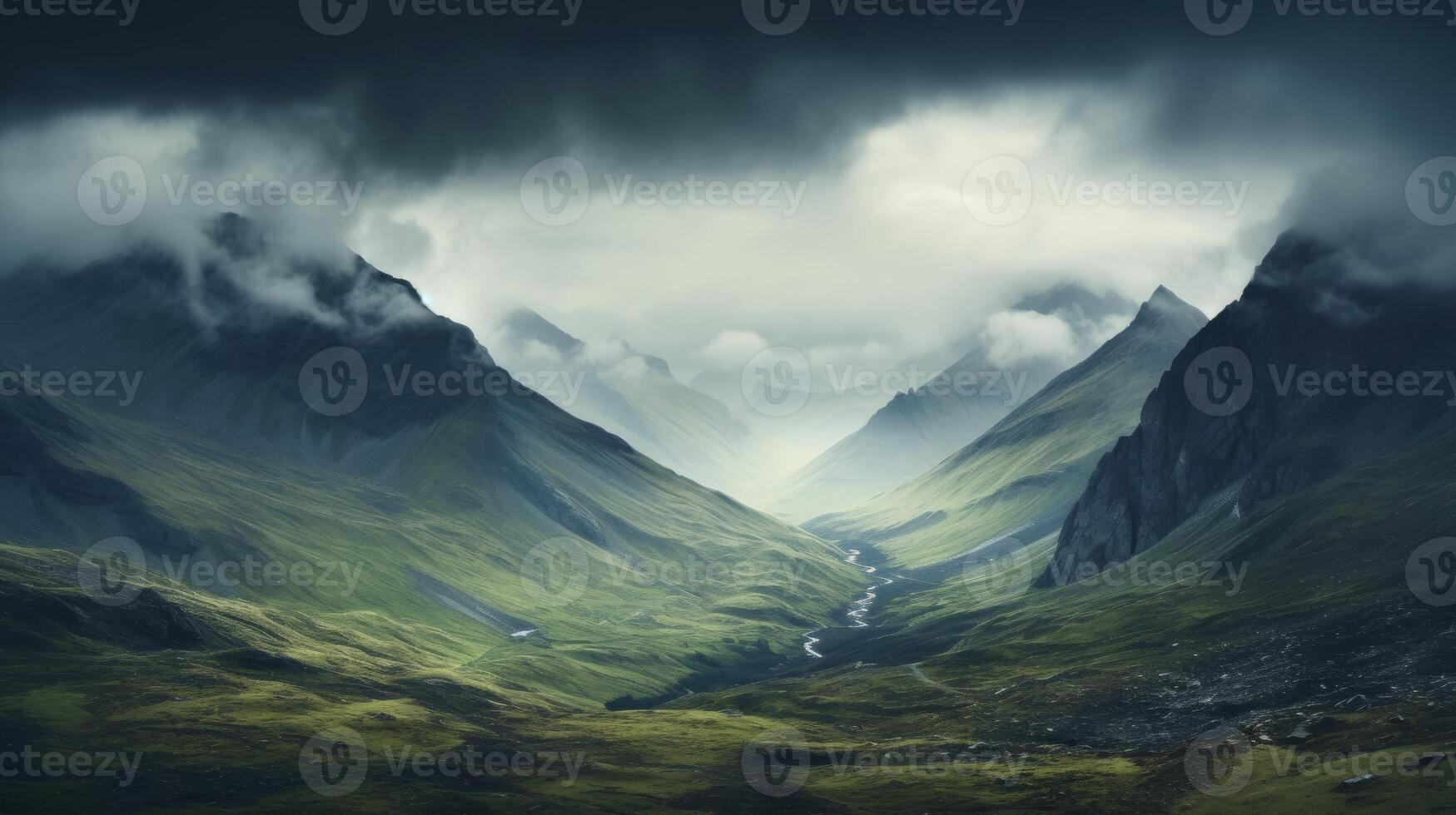 AI generated Moody mountain landscape with dramatic sky photo