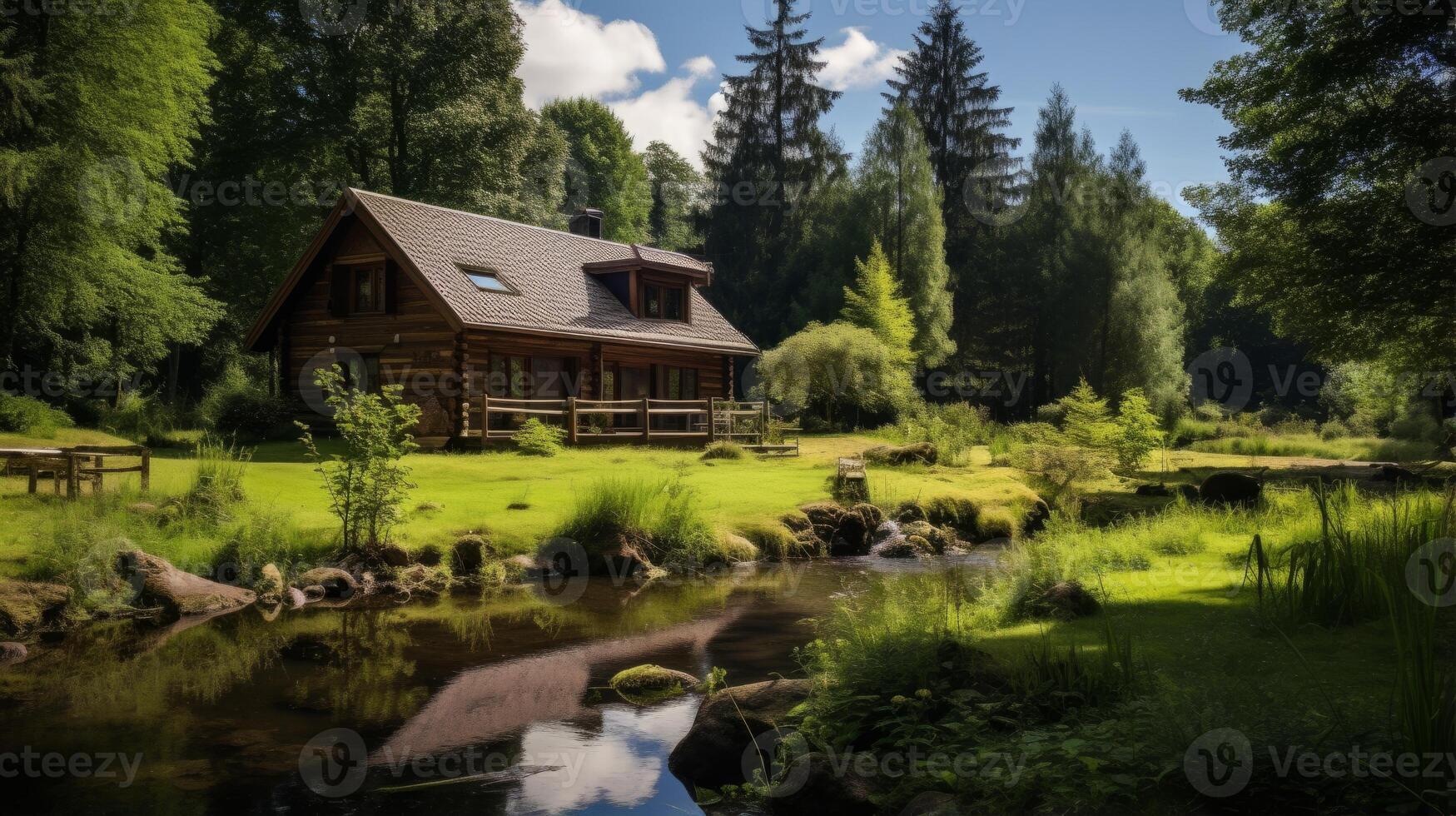 AI generated A forested retreat pension with tranquil trails and birdwatching opportunities photo