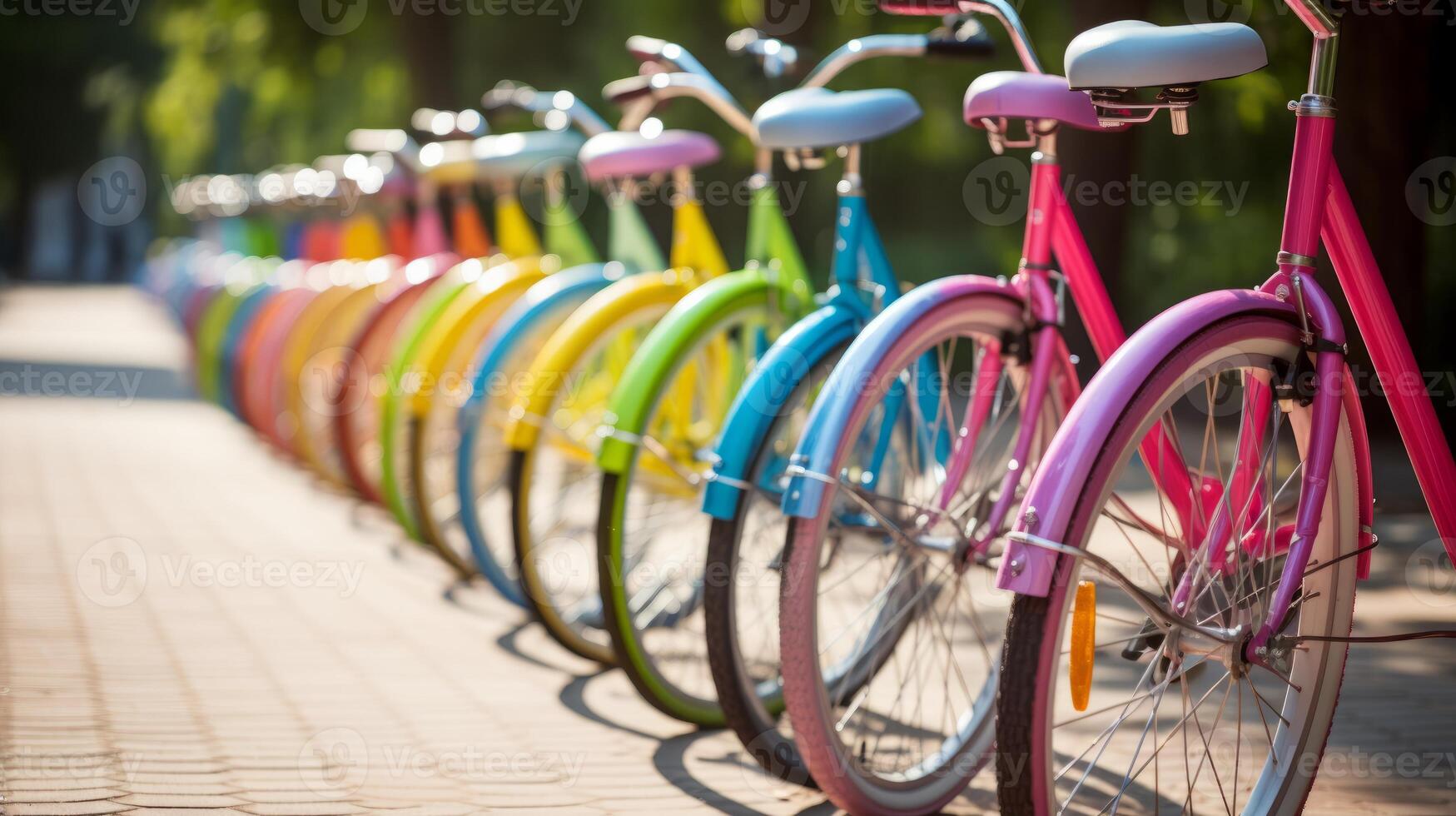 AI generated Rainbow-colored bicycles parked in a row photo