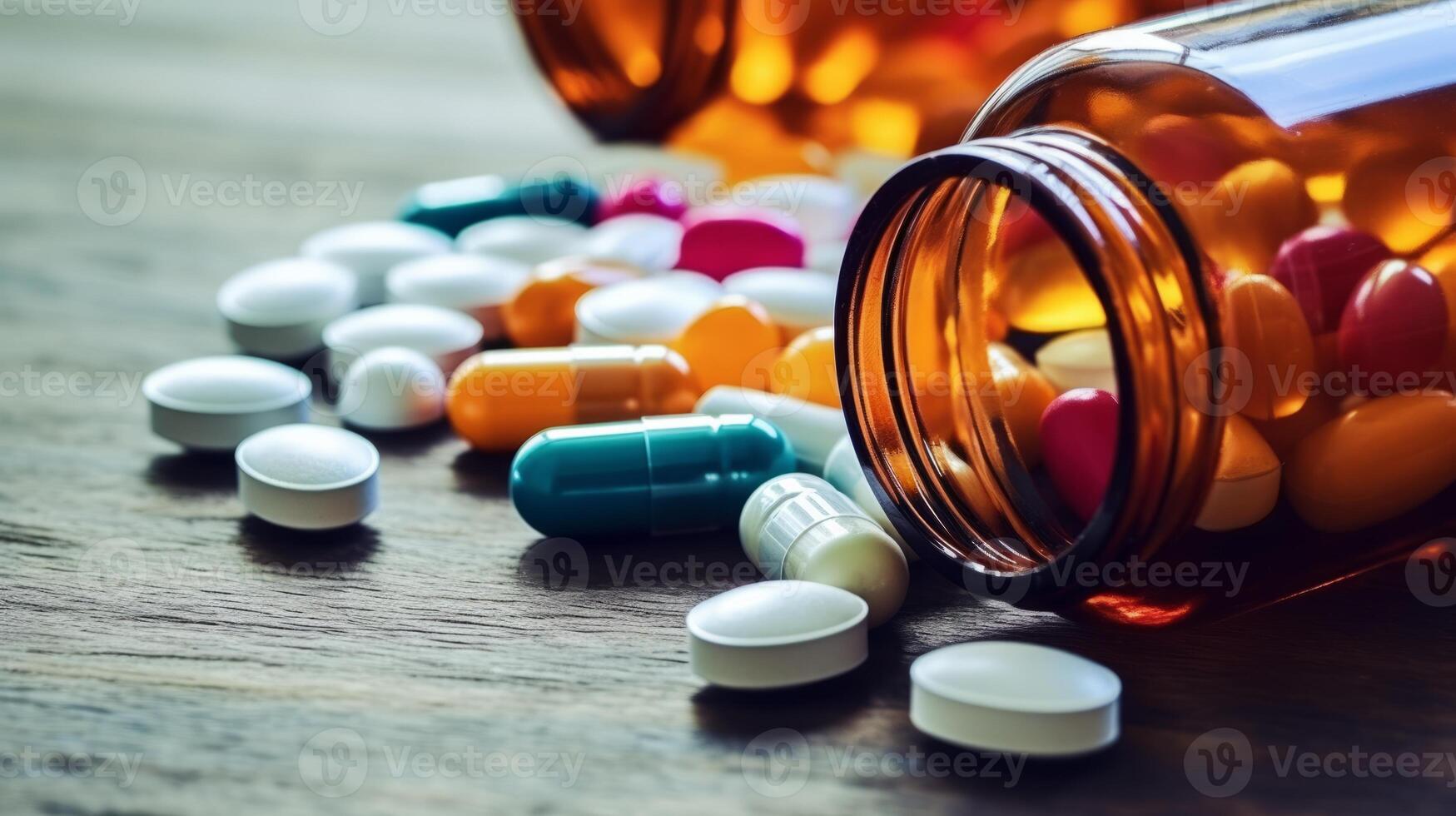 AI generated A medical background with pills and medication bottles photo