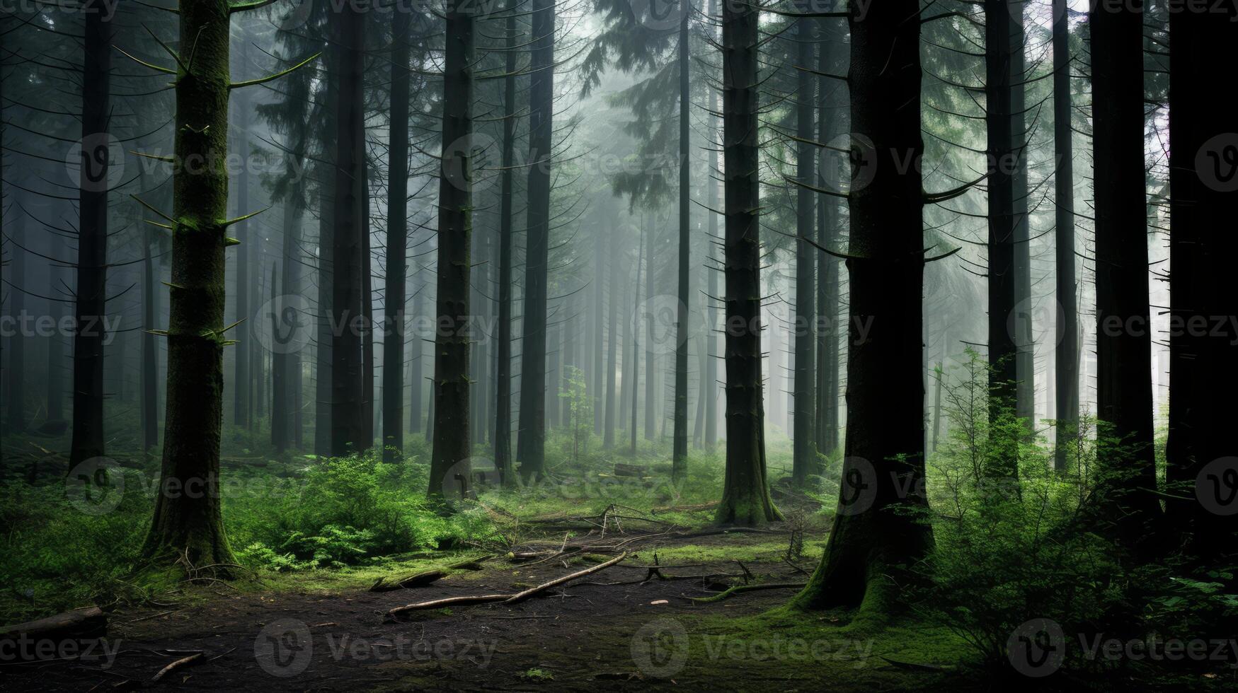 AI generated A dense, misty forest shrouded in mystery photo