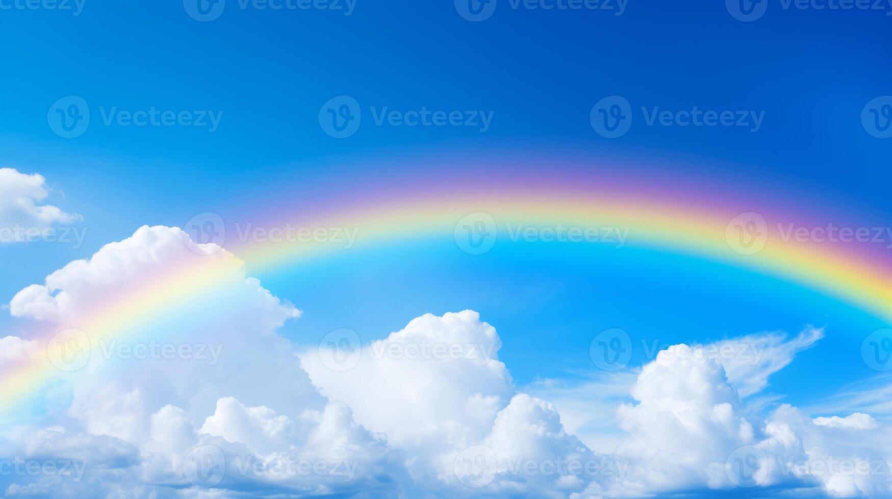 ai generado un vibrante, sonriente arco iris en contra un azul cielo foto