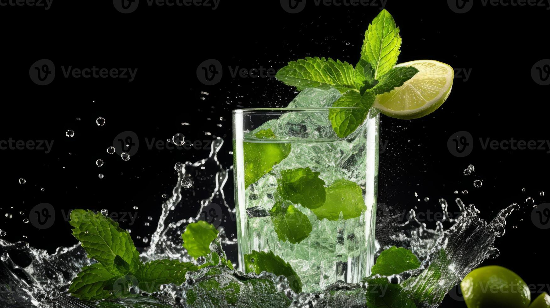 AI generated A mint leaf falling into a glass of mojito photo