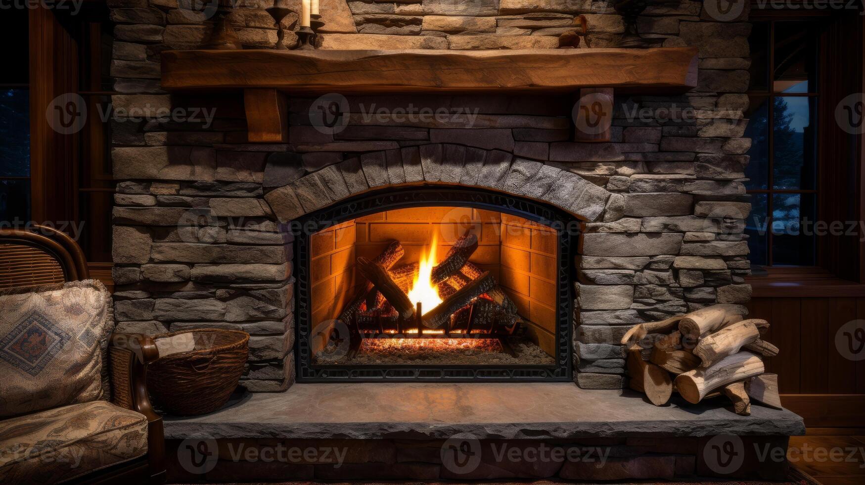 AI generated A closeup of a cozy fireplace at night photo