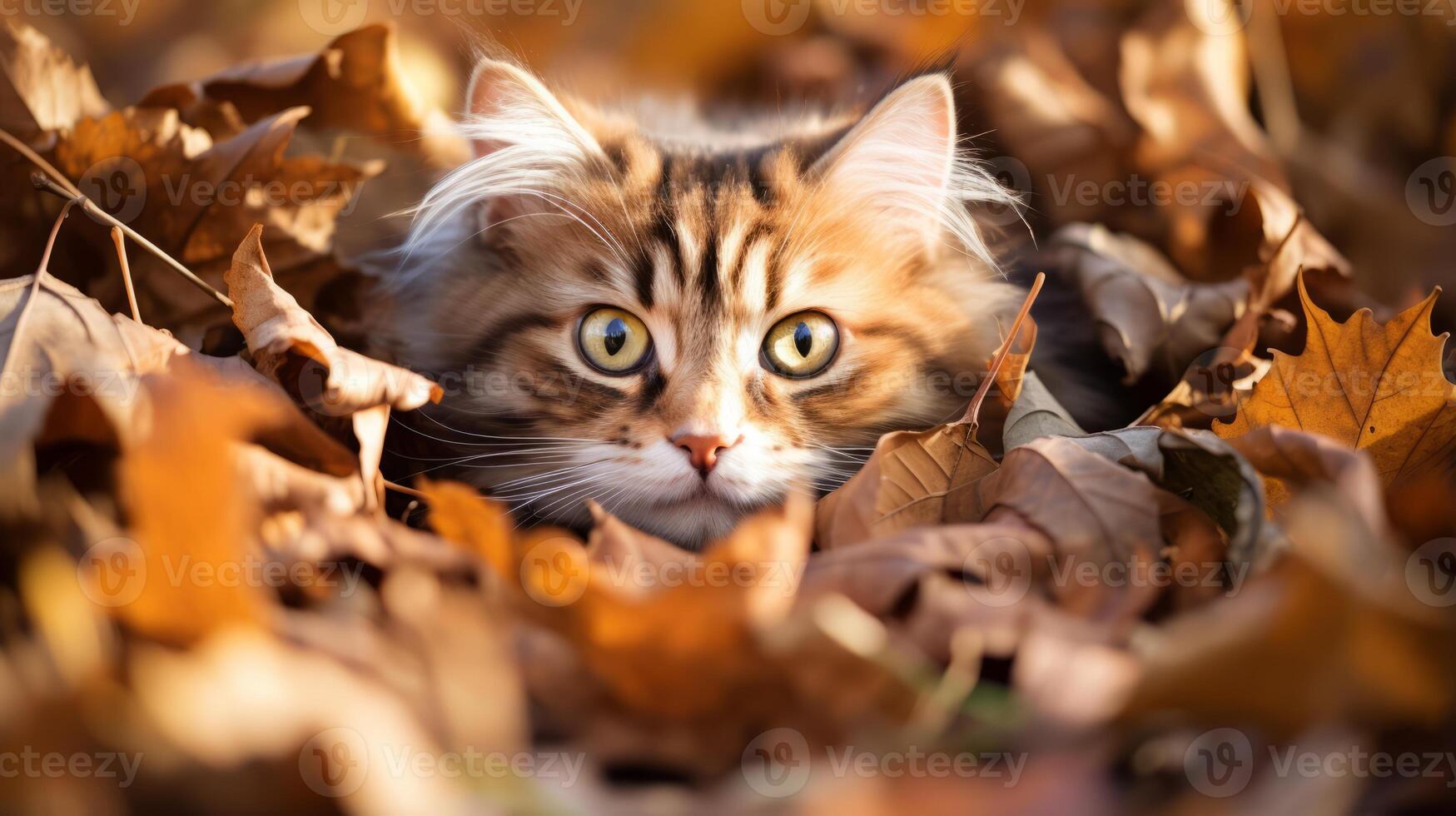 AI generated Cute cat playing hide and seek in a pile of leaves, tail sticking out photo