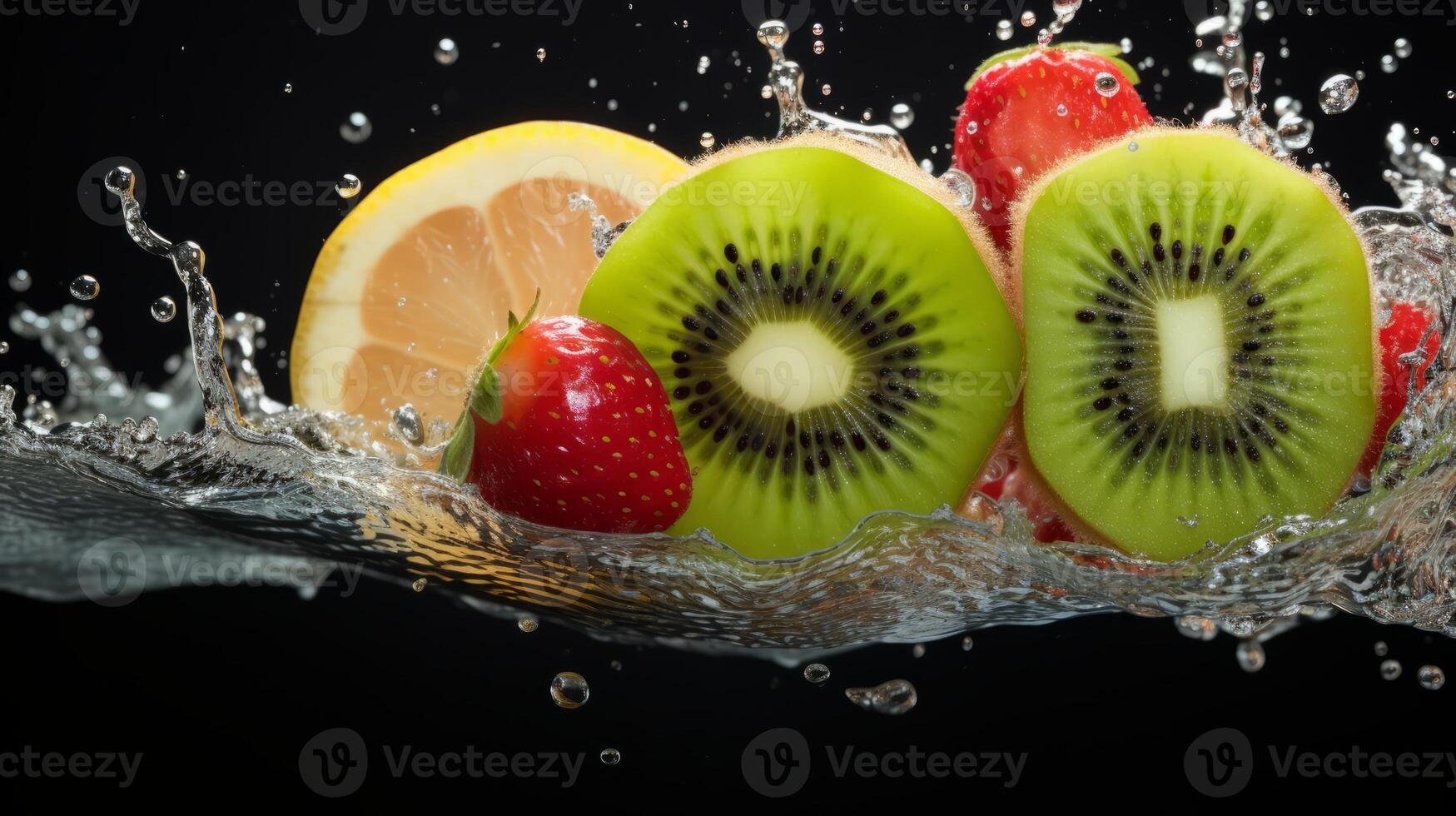 ai generado un kiwi rebanada haciendo un vibrante chapoteo en un Fruta ensalada foto