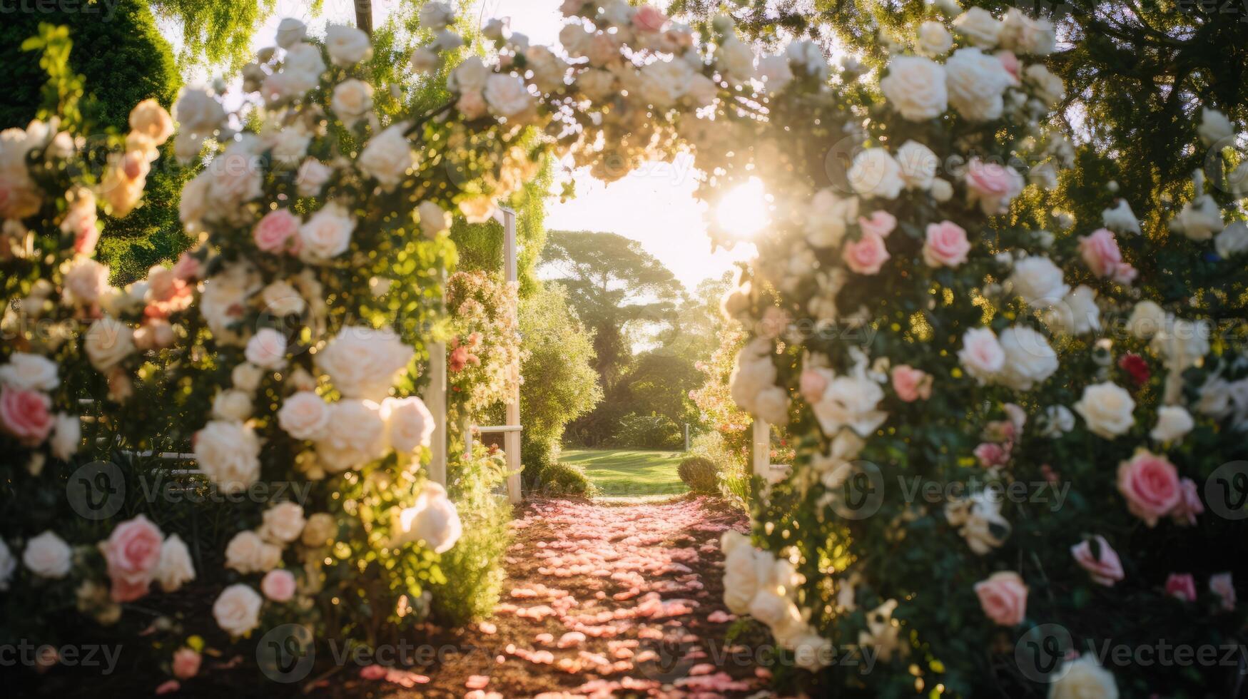 AI generated Backyard garden wedding with blooming roses photo