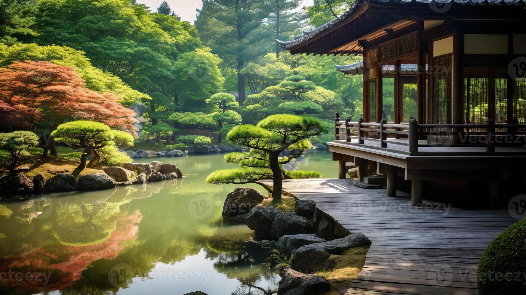 AI generated A zen temple garden with a pond reflecting the surrounding beauty photo