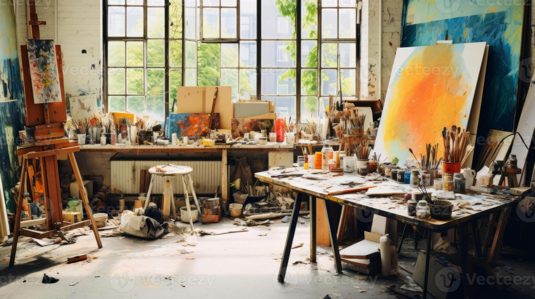 AI generated An artist's studio with works in progress and creative chaos photo