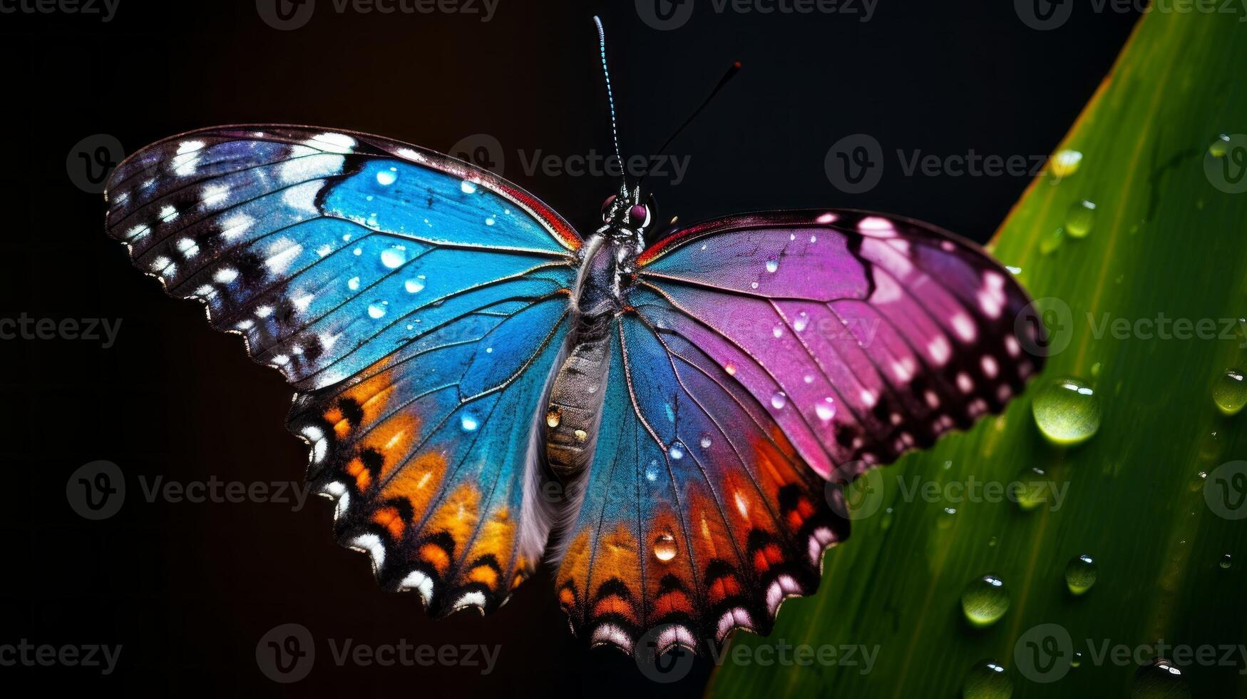 AI generated A closeup of raindrops on a butterfly's wings with a rainbow photo