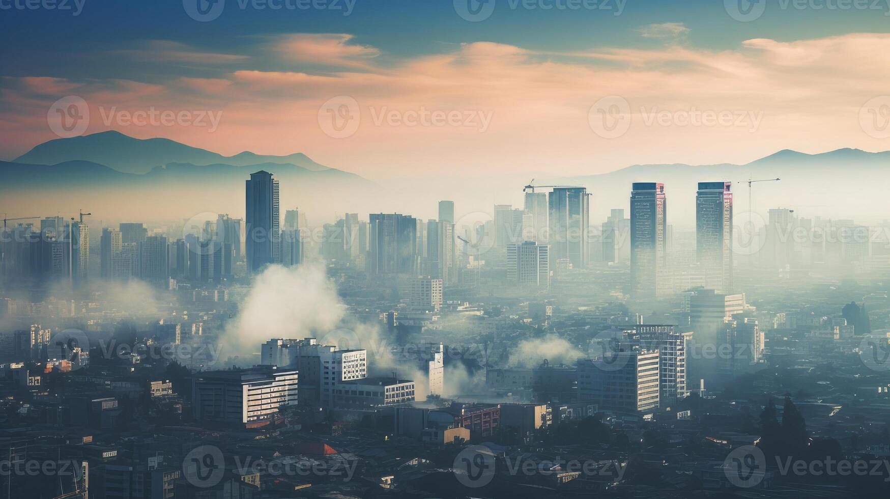 AI generated A city covered in a thick cloud of smog and harmful pollutants photo