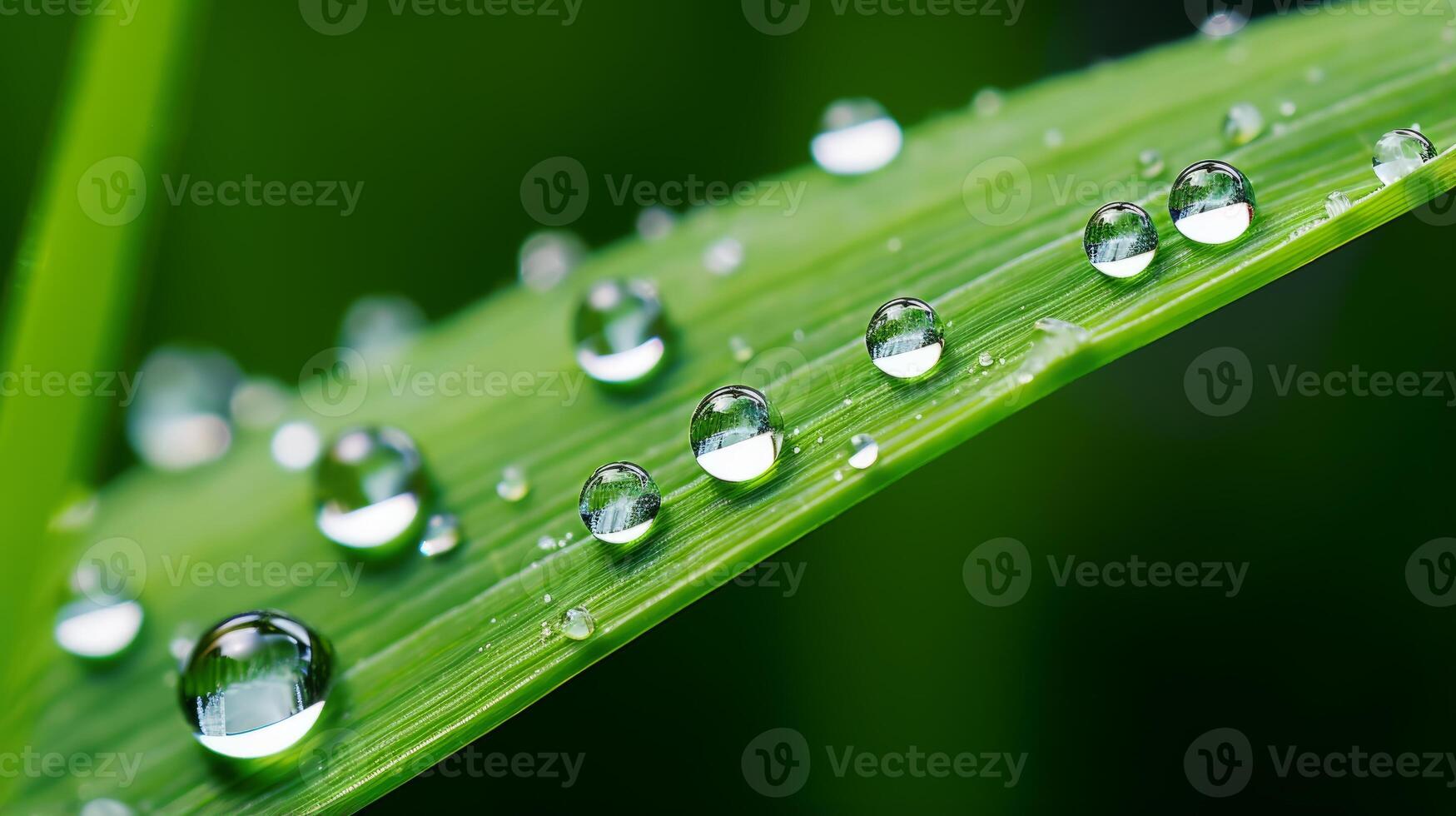 AI generated Hyper zoom closeup of a droplet on a blade of grass photo