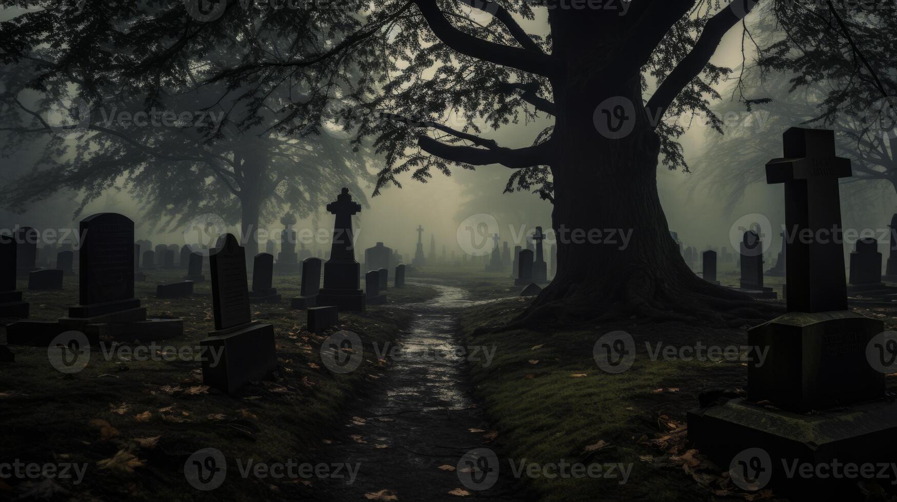 AI generated Eerie moody fog in an old cemetery photo
