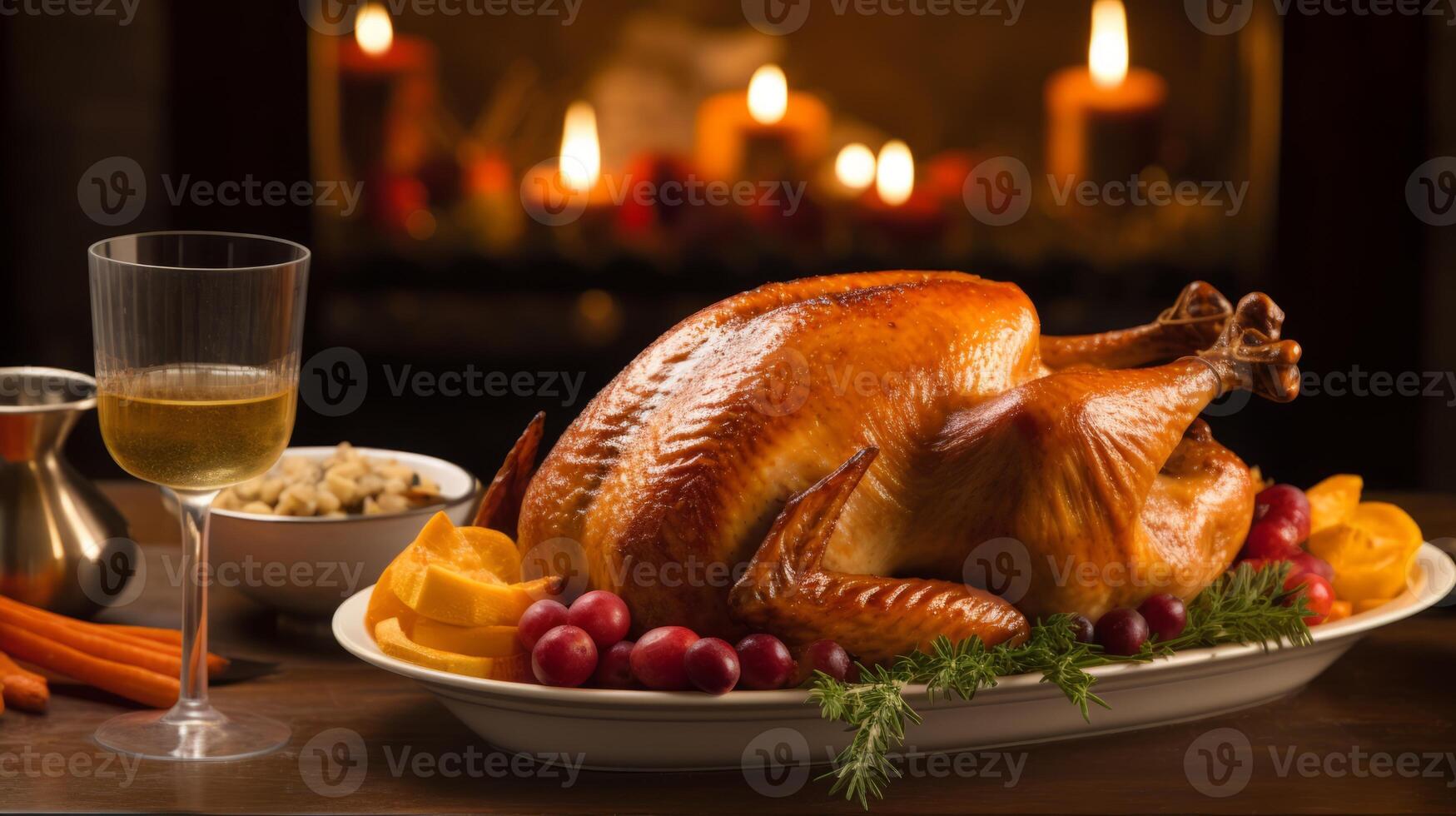 AI generated A festive thanksgiving table set with a beautifully roasted turkey photo