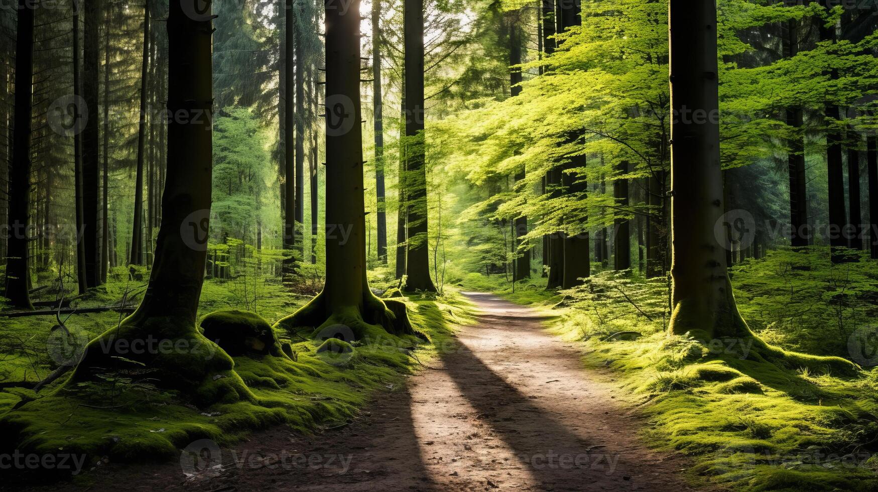 ai generado un tranquilo bosque camino con moteado luz de sol foto