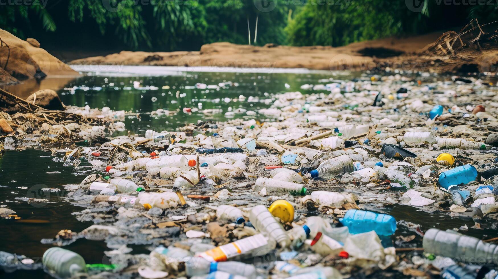 AI generated Plastic pollution in river with polluted waters photo