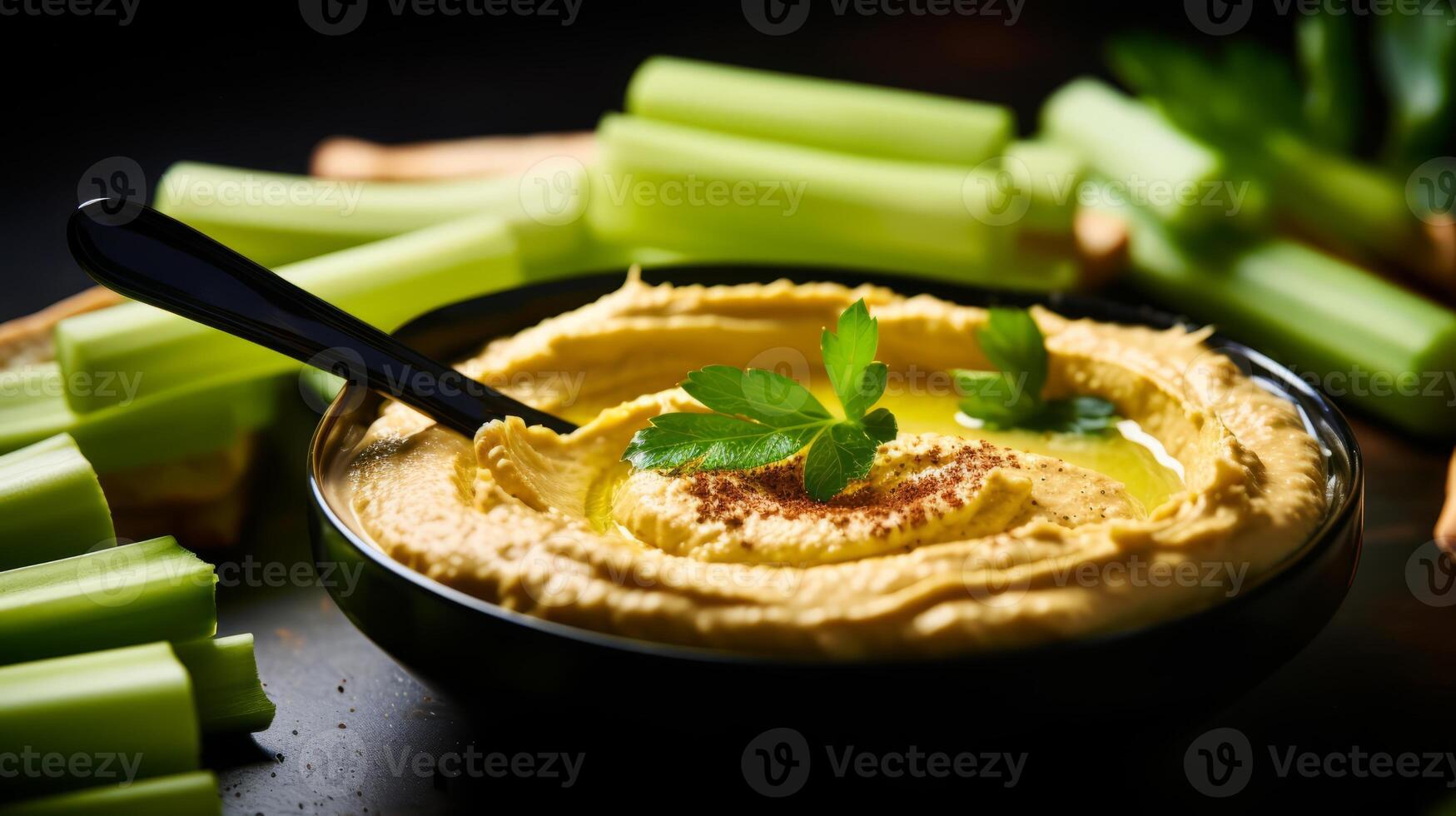 AI generated A celery stick plunging into a pool of hummus photo