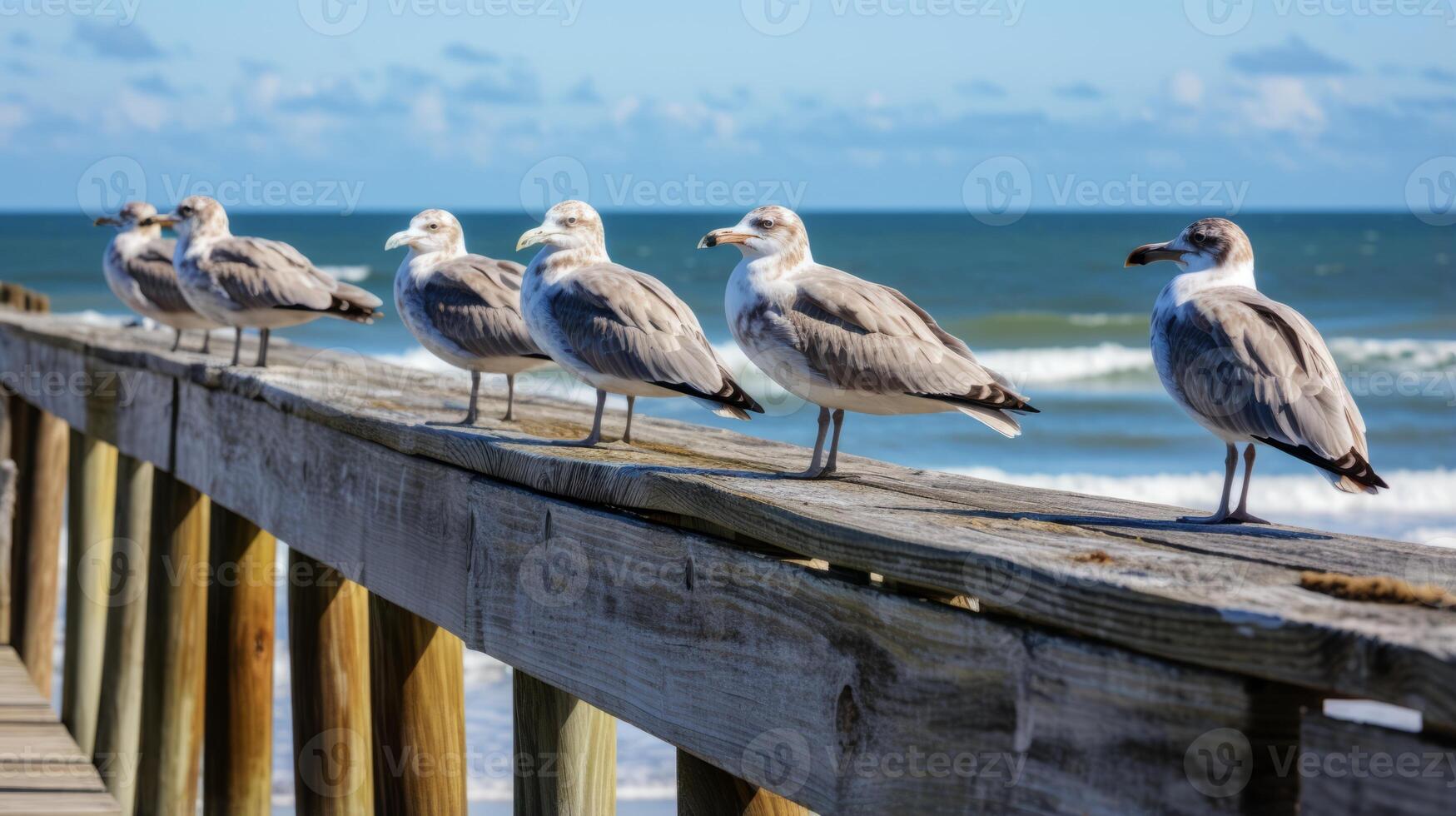 AI generated Seagulls perched on a weathered wooden pier by the ocean photo