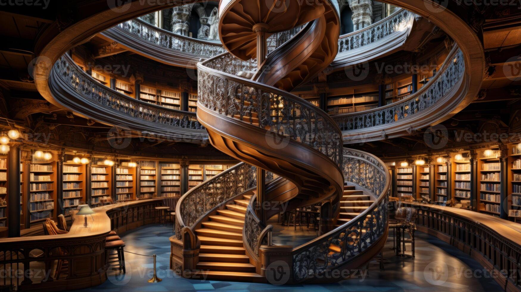 ai generado un biblioteca interior con espiral escaleras y balcones foto