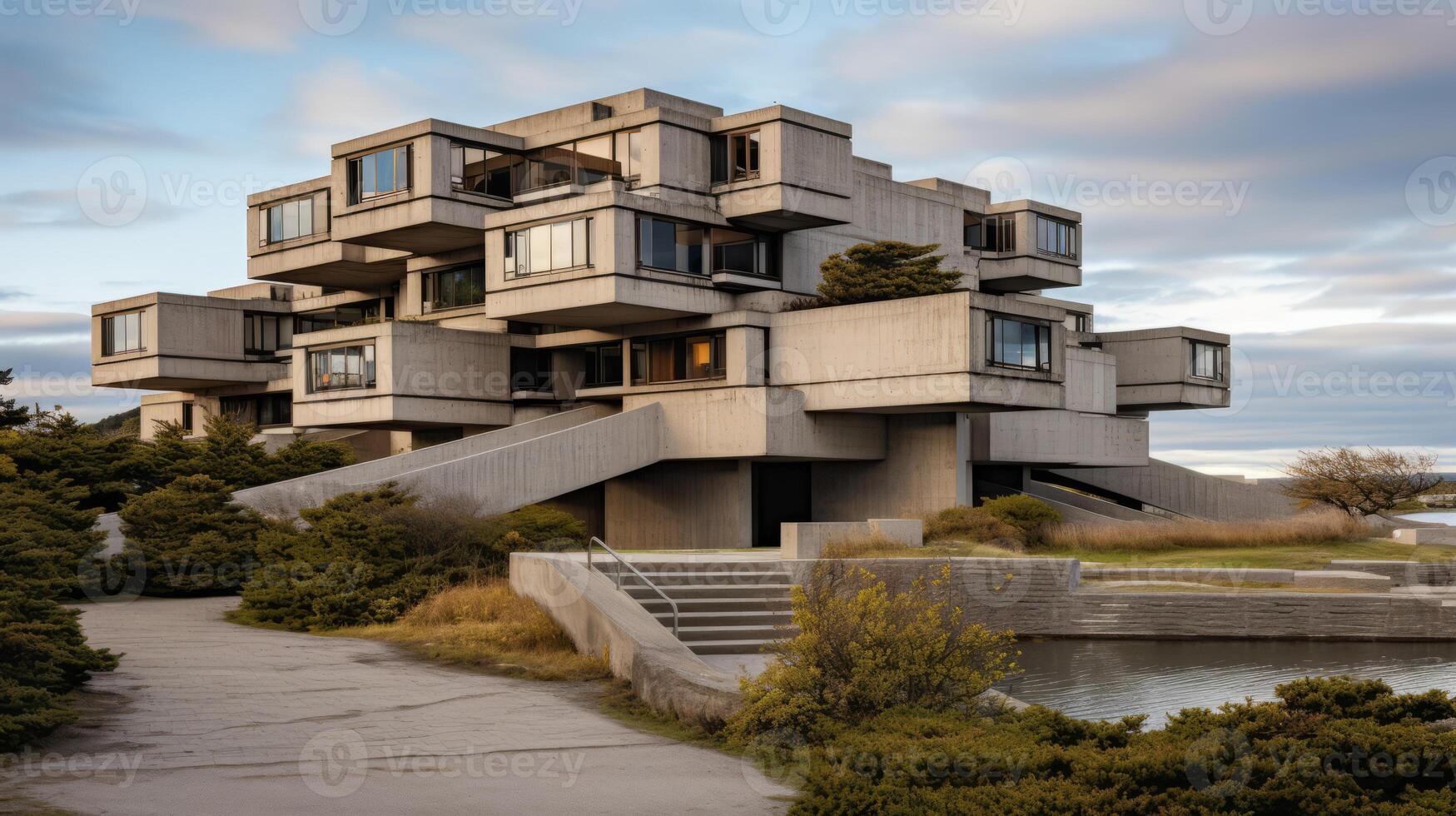 AI generated A striking exterior view of a brutalist architecture masterpiece photo