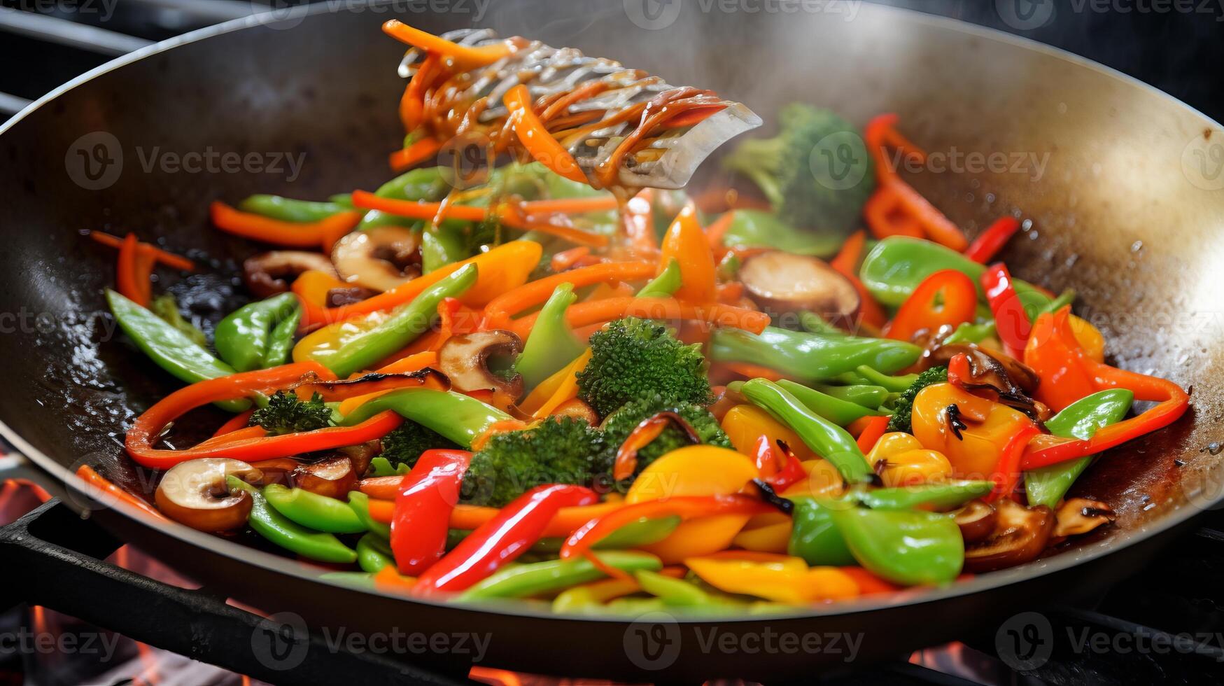 AI generated Toss of stir-fried vegetables in a wok photo