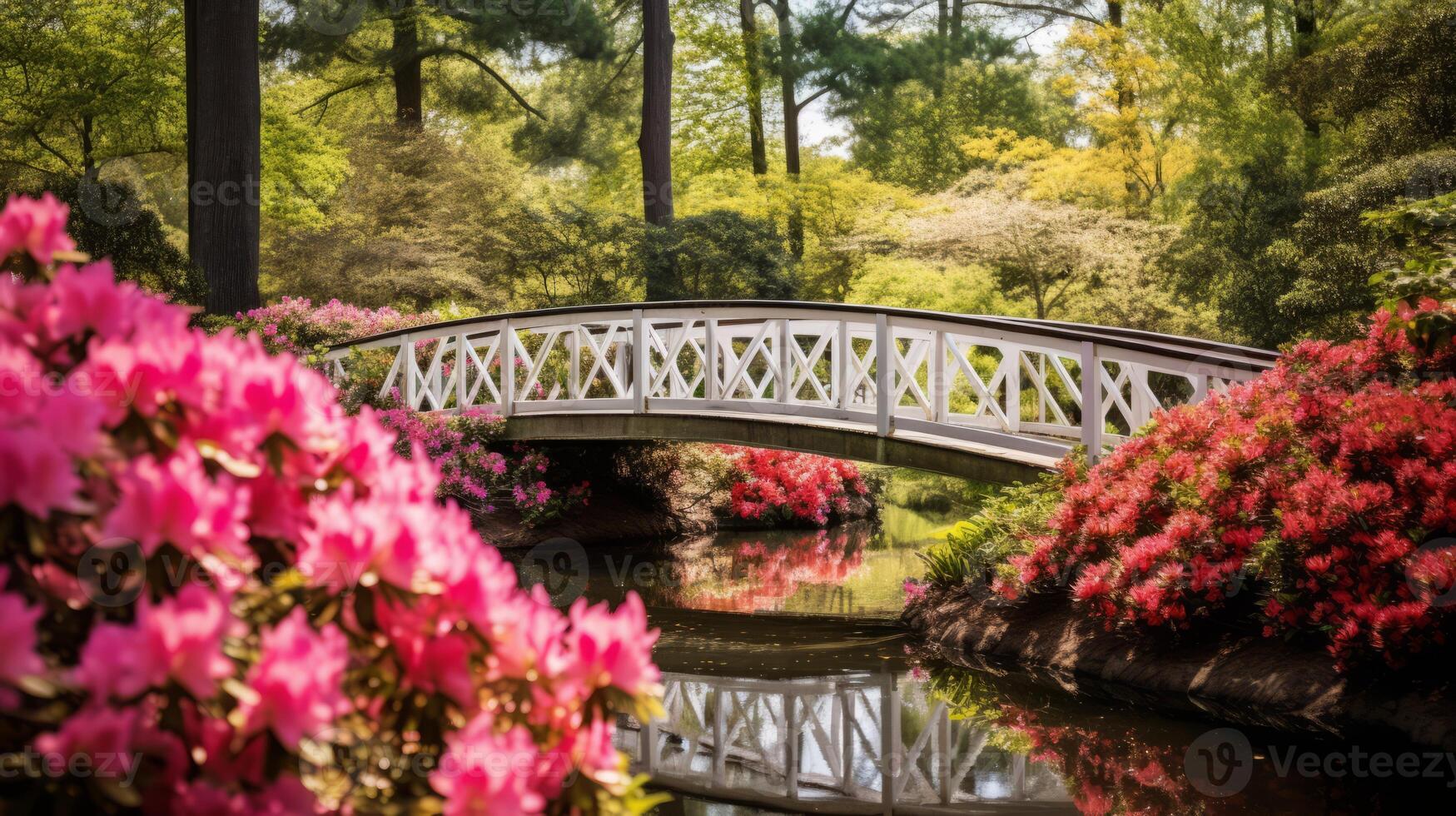 AI generated A garden bridge framed by colorful azaleas photo
