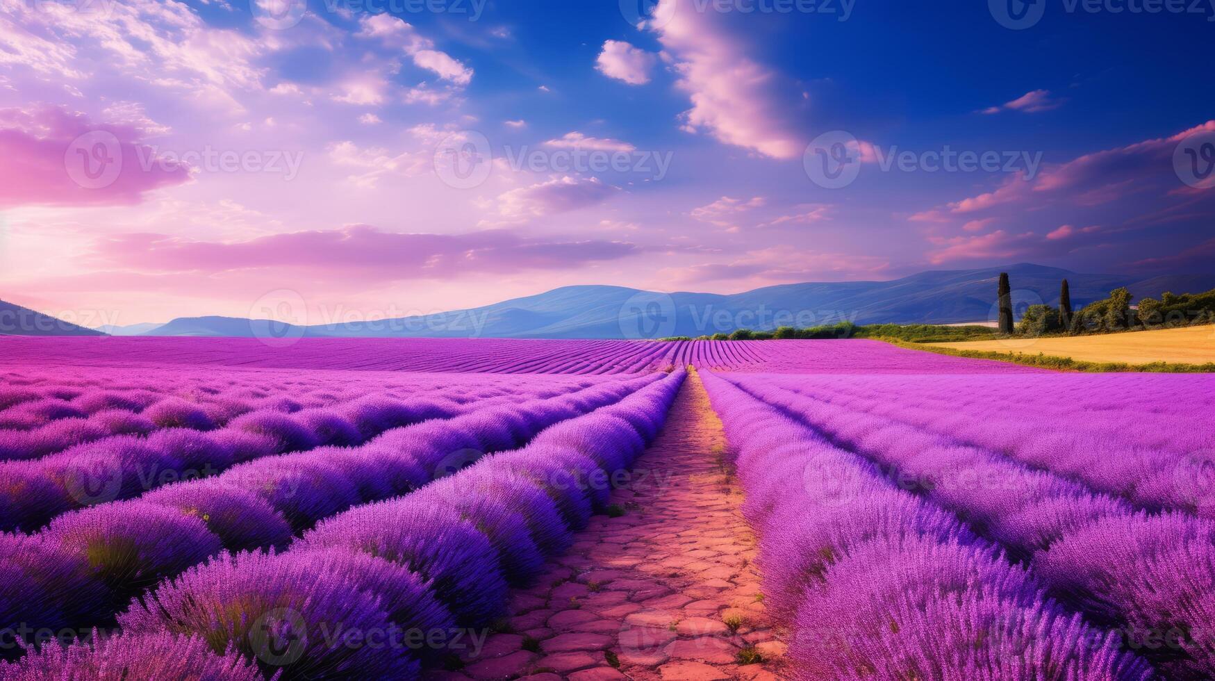 AI generated A road surrounded by fields of vibrant lavender photo