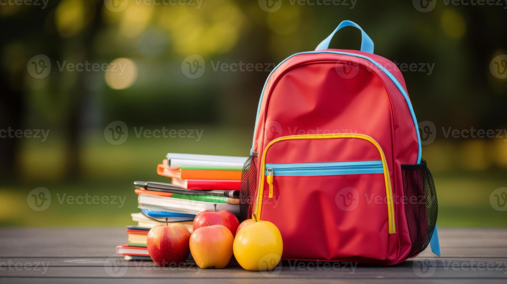 AI generated A backpack filled with notebooks, pencils, and a lunchbox photo