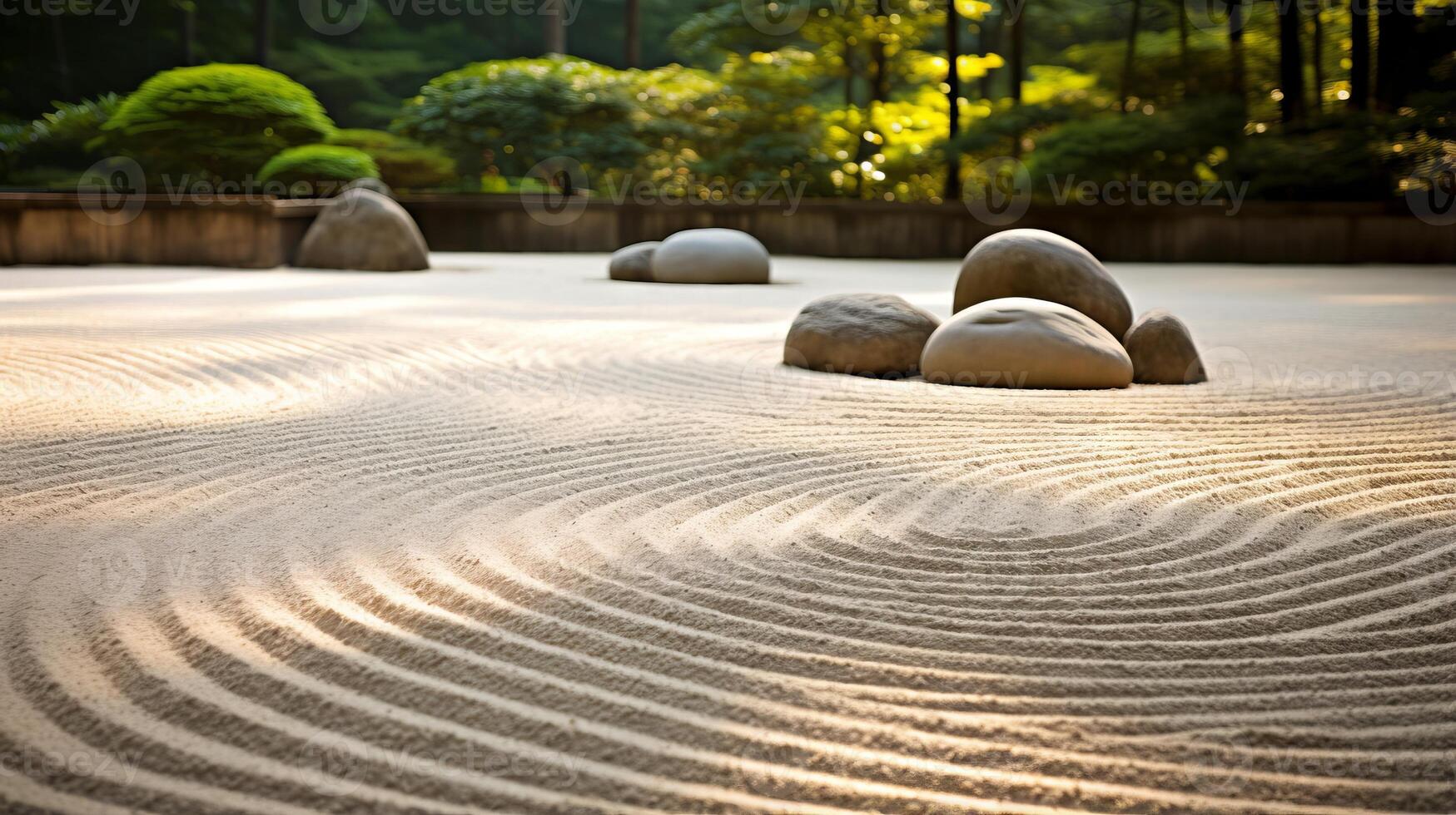 AI generated A zen garden with rocks and sand arranged in a calming pattern photo