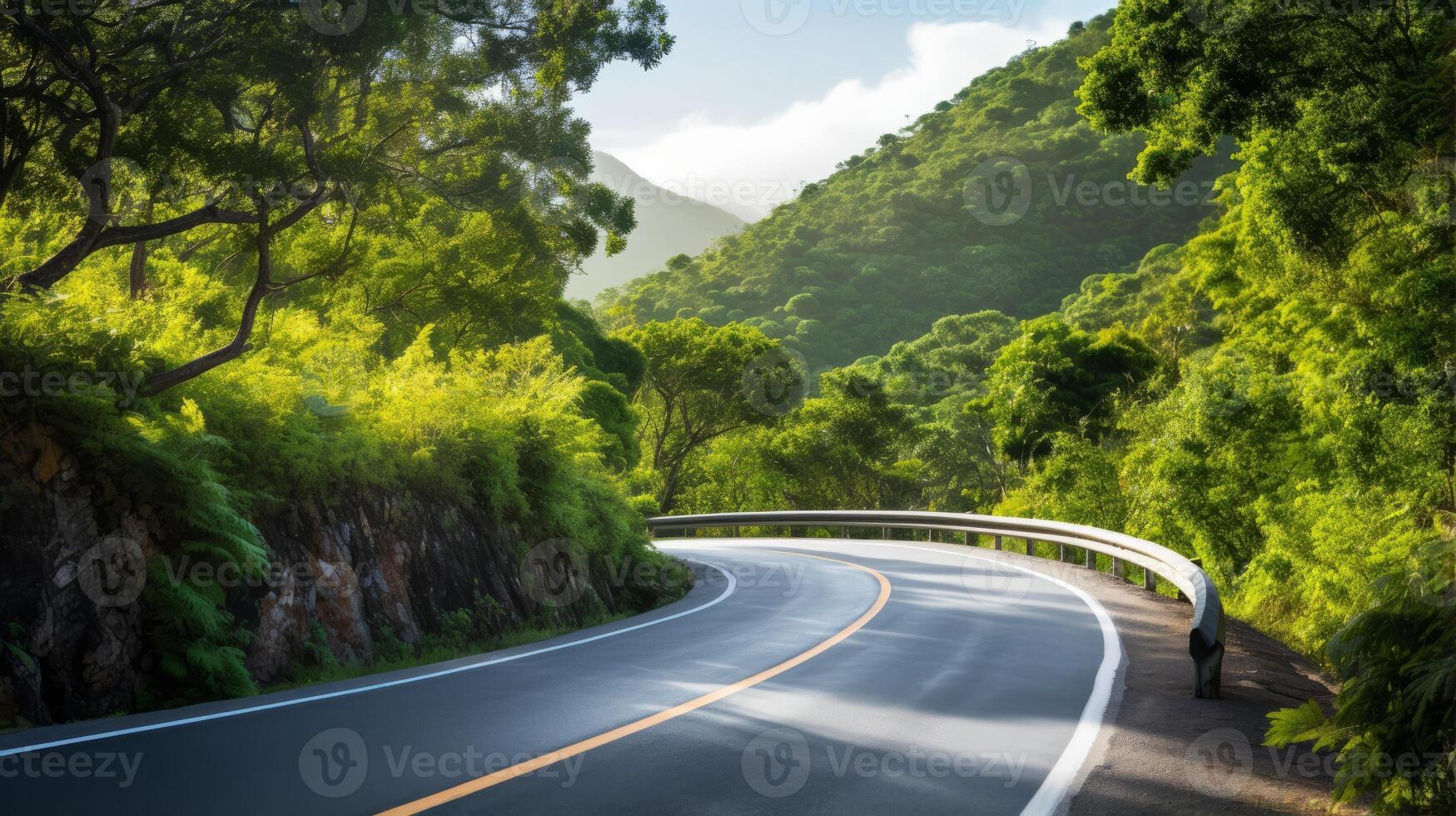 AI generated A winding road surrounded by lush tropical greenery photo