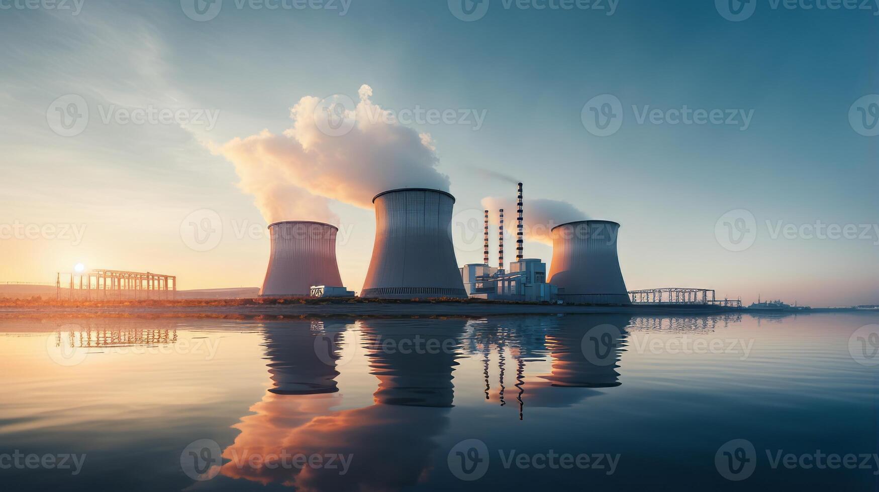 AI generated Nuclear power plant at dawn with misty surroundings photo