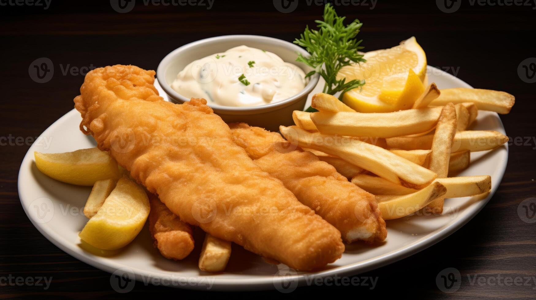 AI generated A plate of crispy and golden fish and chips with tartar sauce photo