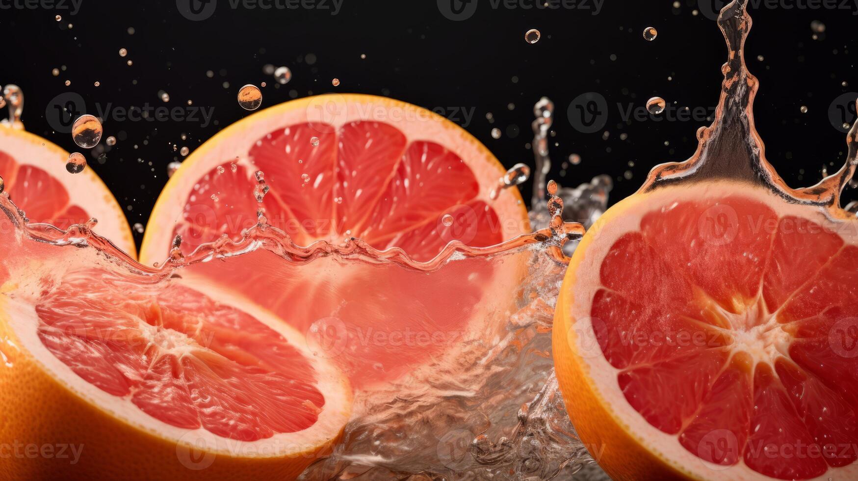 AI generated A grapefruit segment making a citrusy splash in juice photo