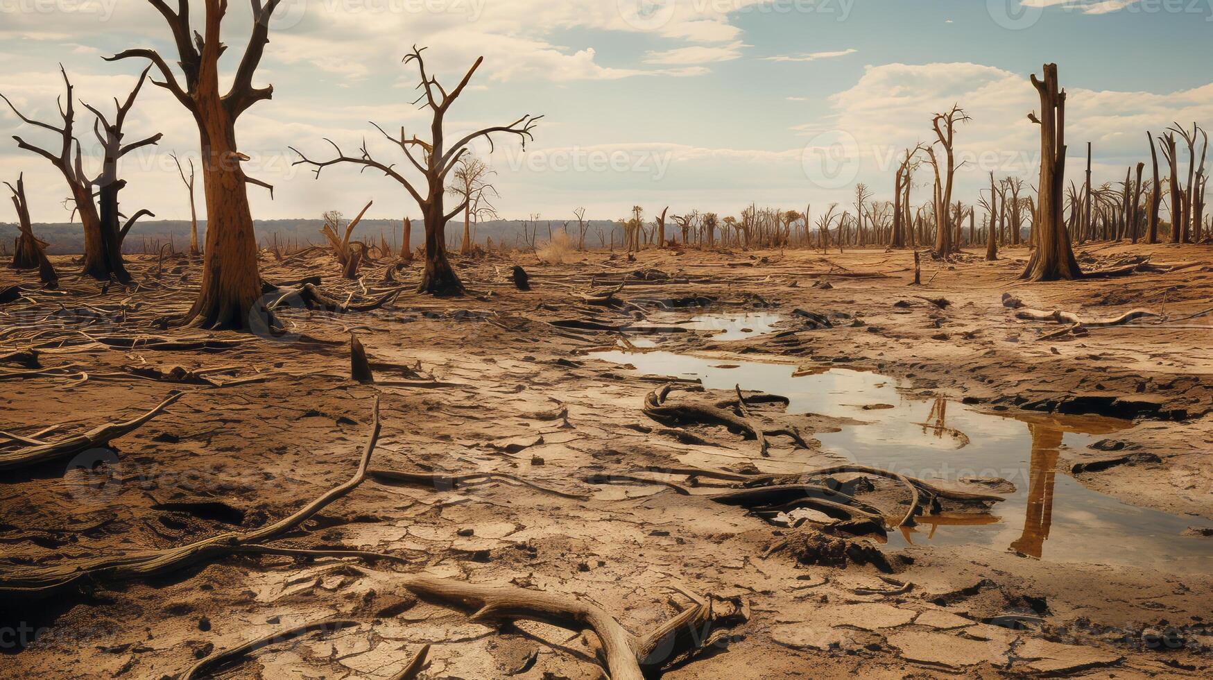 AI generated Barren landscape with polluted water and dead trees photo