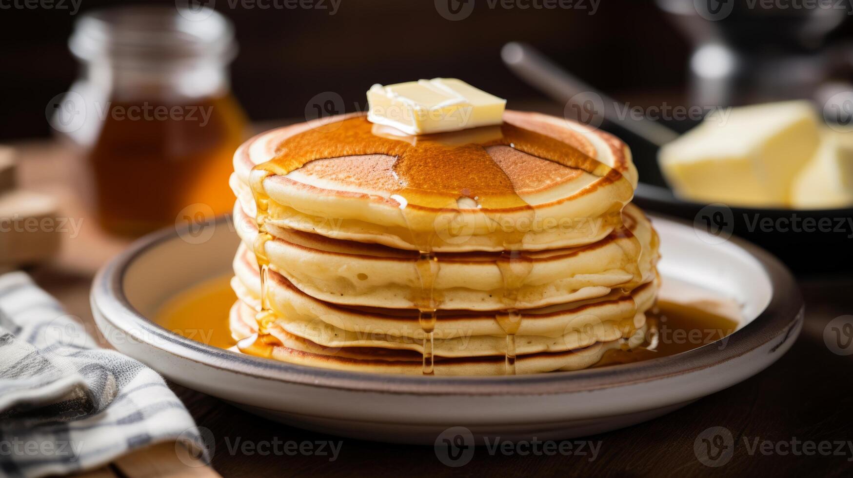 AI generated A stack of fluffy and golden pancakes with a pat of melting butter photo