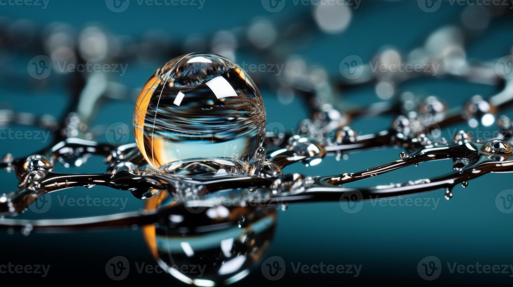 AI generated Hyper zoom of a water droplet on a spider's silk thread photo