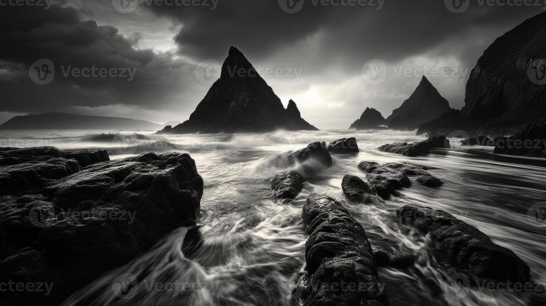 AI generated A dramatic monochrome seascape with a sense of adventure photo