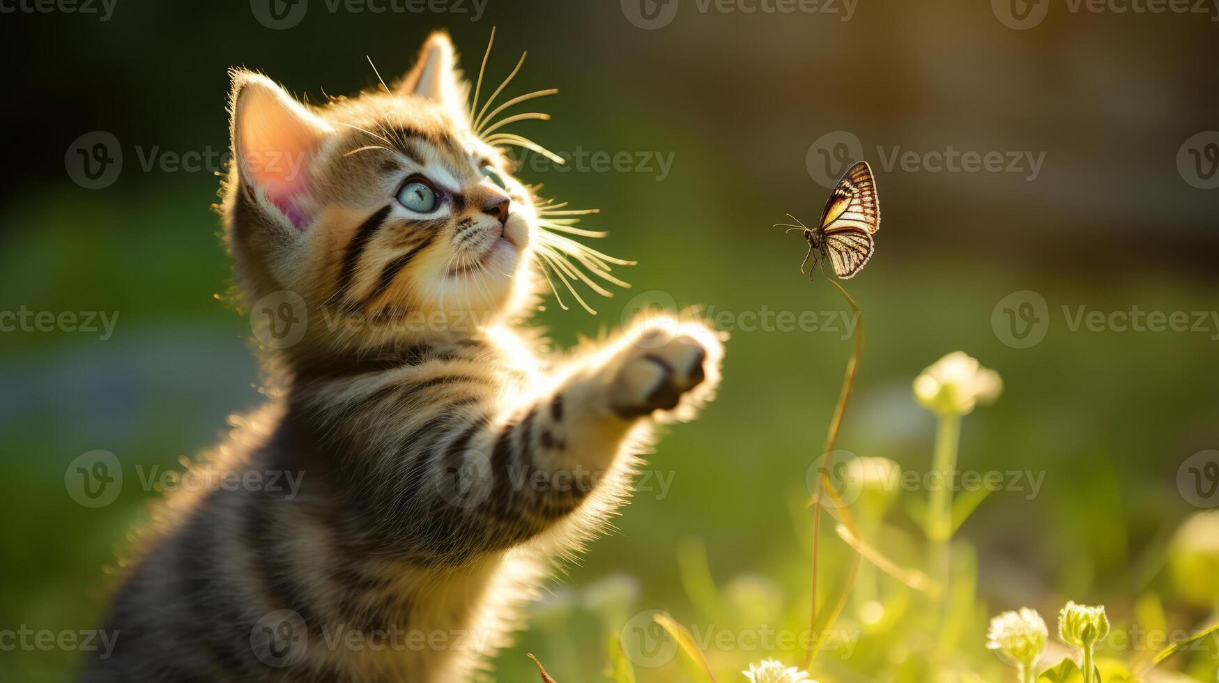 AI generated Playful kitten trying to catch a butterfly with wide eyed wonder photo