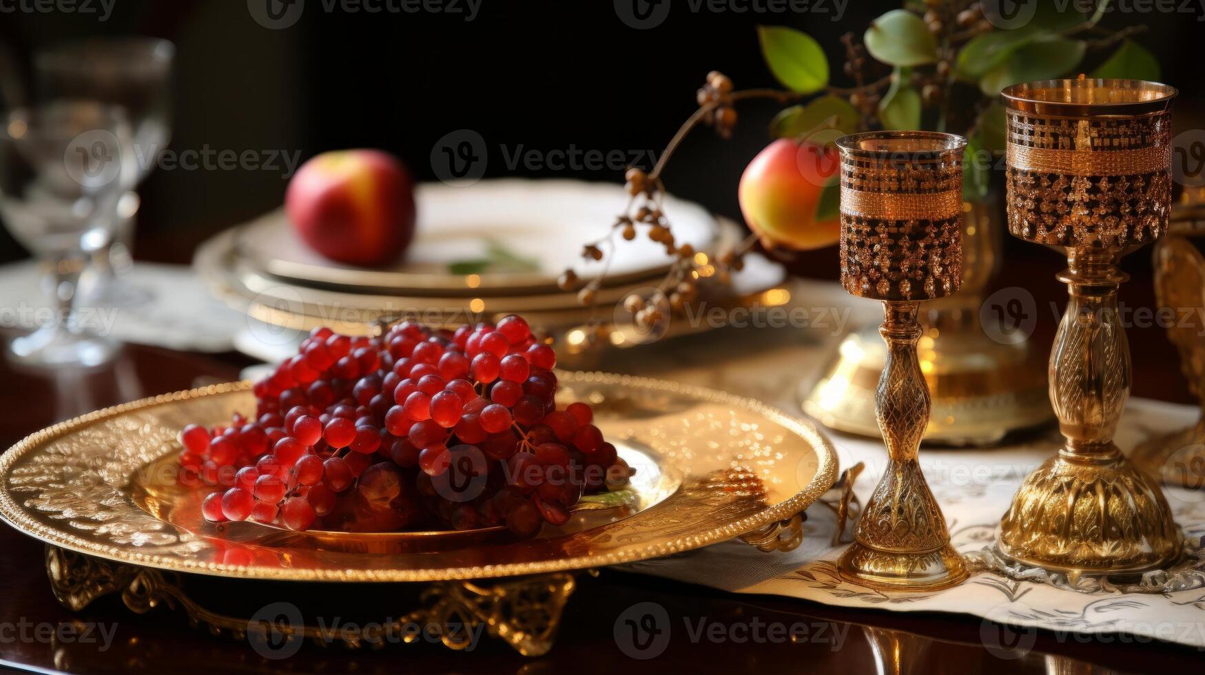 AI generated A closeup of a beautifully set rosh hashanah table photo