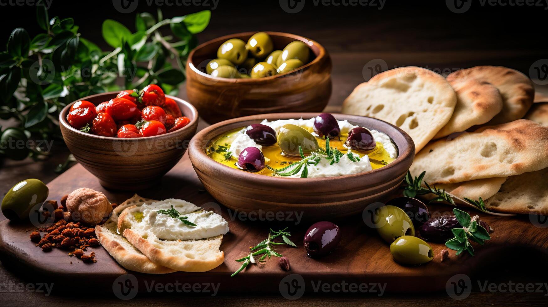 AI generated A mediterranean meze table with olives and pita bread photo