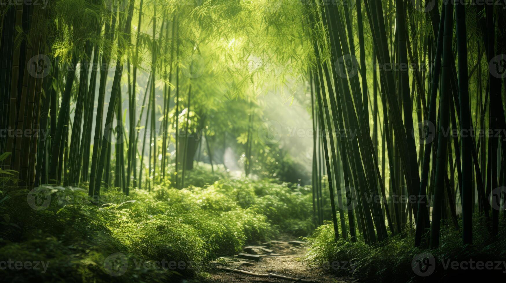 AI generated A tranquil bamboo forest with dappled sunlight photo