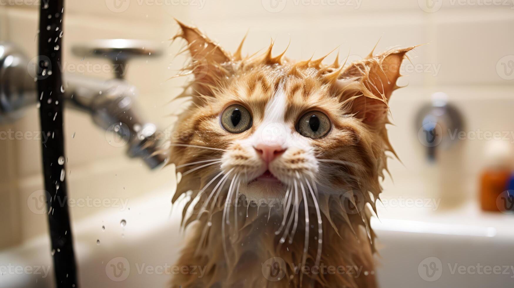AI generated A cat enjoying a bath with a hilariously unamused expression photo
