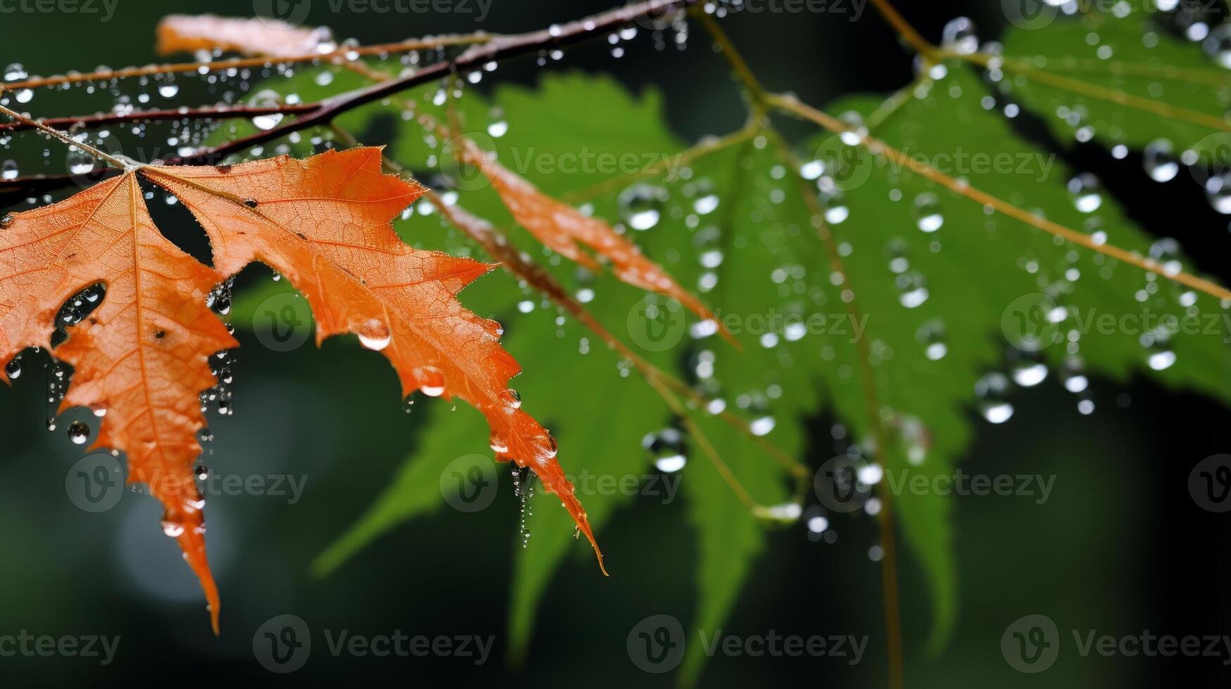 AI generated Leaves with dew on a spiderweb photo
