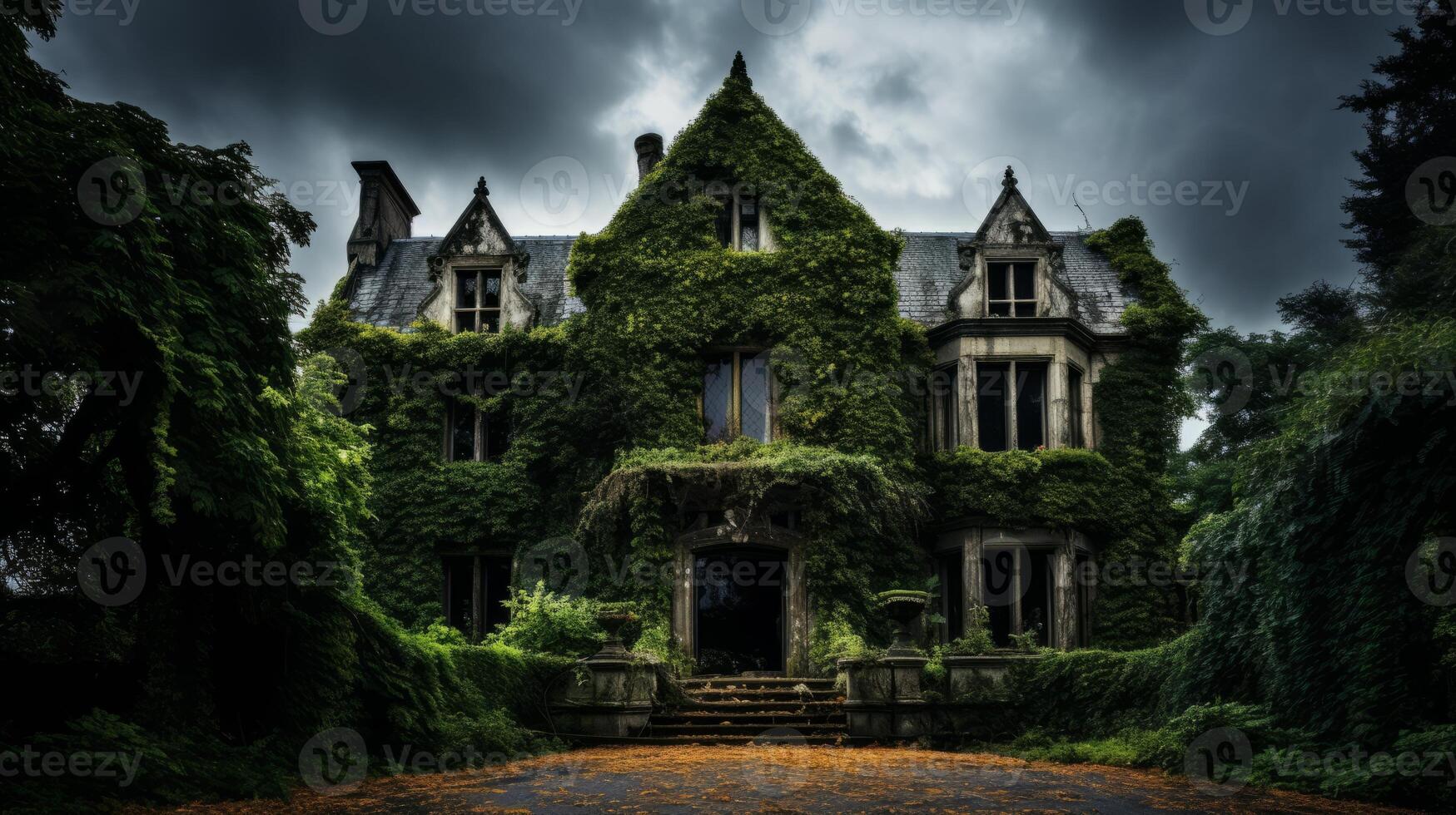 AI generated Old house covered in vines and ivy's photo