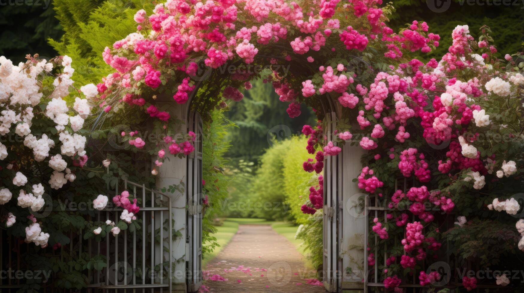 AI generated A garden gate adorned with a climbing rose arch photo