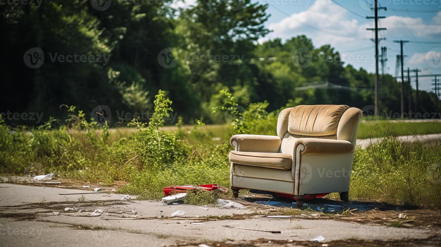 AI generated Littering in suburban area with outdoor furniture photo