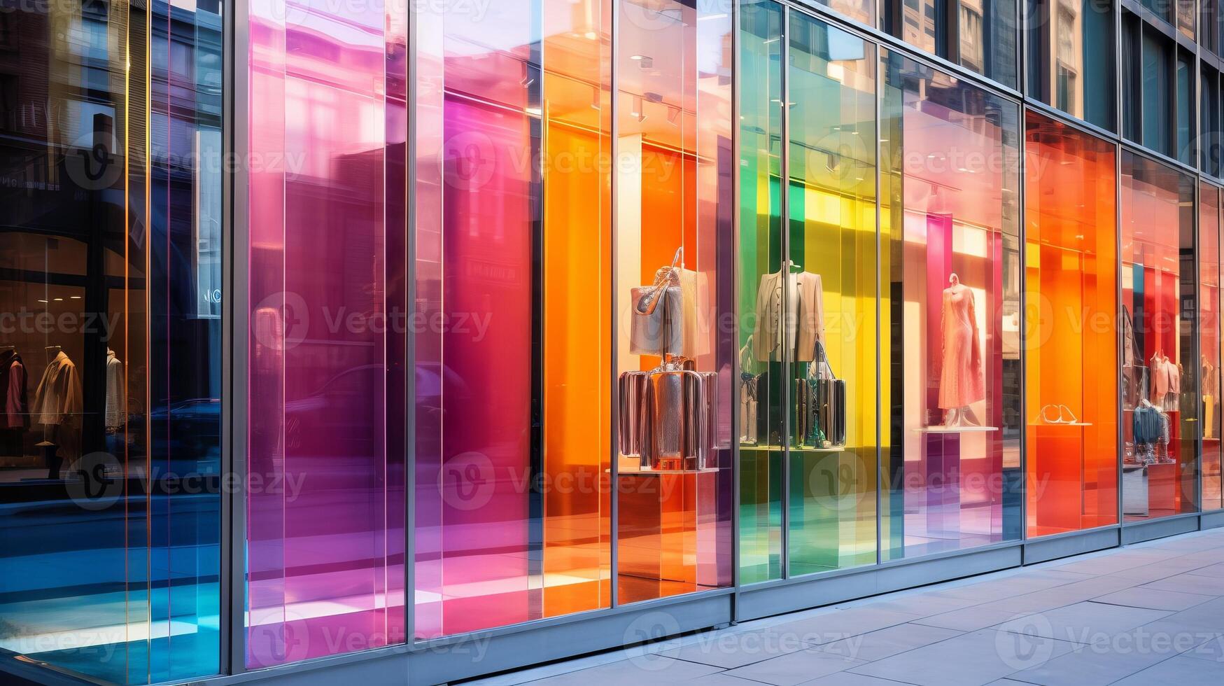 AI generated Shiny, glass storefronts displaying the latest fashion trends photo
