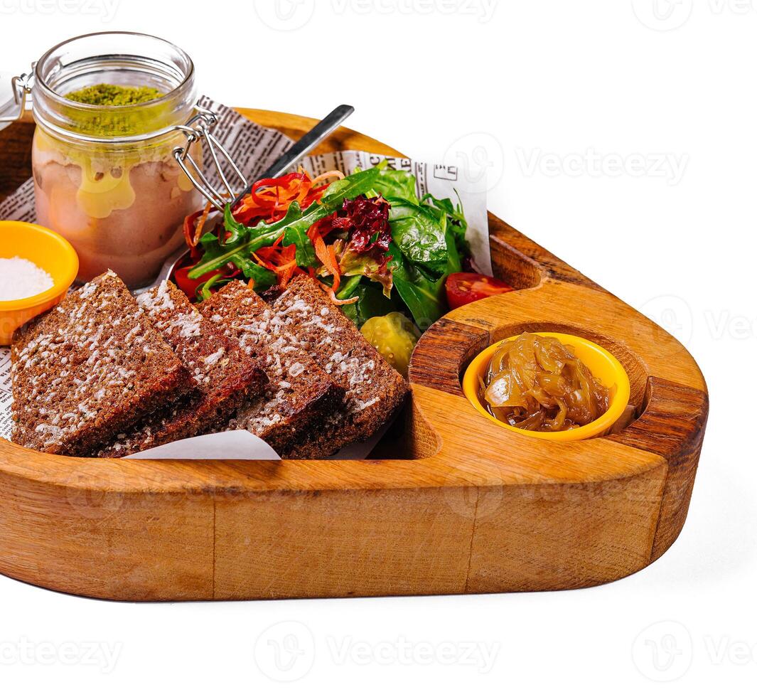 pate with garlic toasted bread and salad photo
